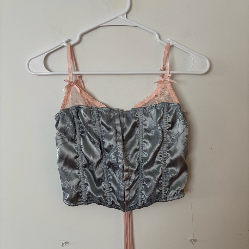 urban outfitters out from under light pink and dusty blue bow lace up crop top🎀